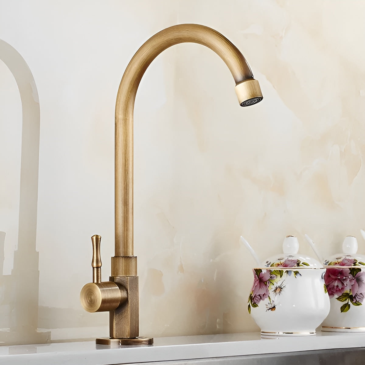 Solid Brass Faucet with a Swivel Spout and Single Lever | Kitchen Sink Accessories in an Antique Finish
