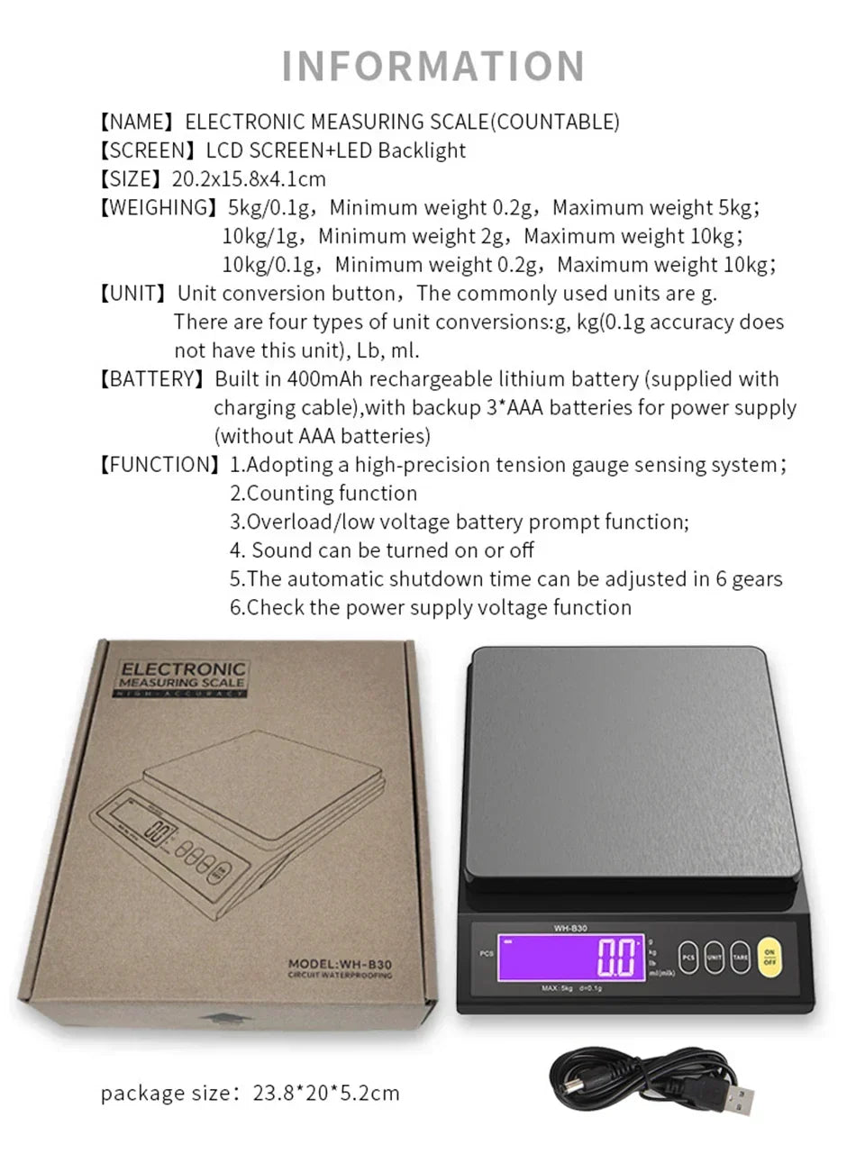Digital Kitchen Scale with Backlit LCD and Counting Mode | Rechargeable Food Weighing up to 5 or 10 kg | Stainless Steel Panel