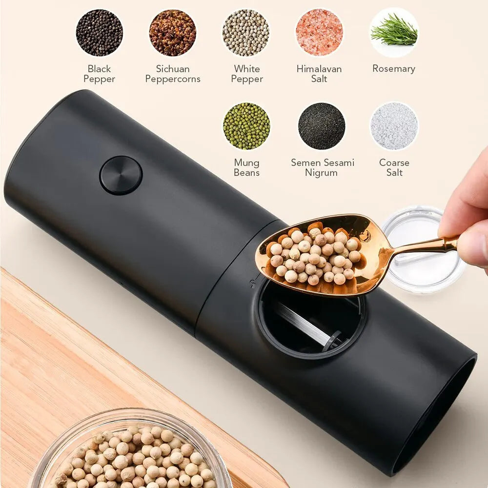 Electric Salt and Pepper Grinder Set with Holder and Brush | Adjustable Coarseness, Battery Powered | Kitchen Gadgets