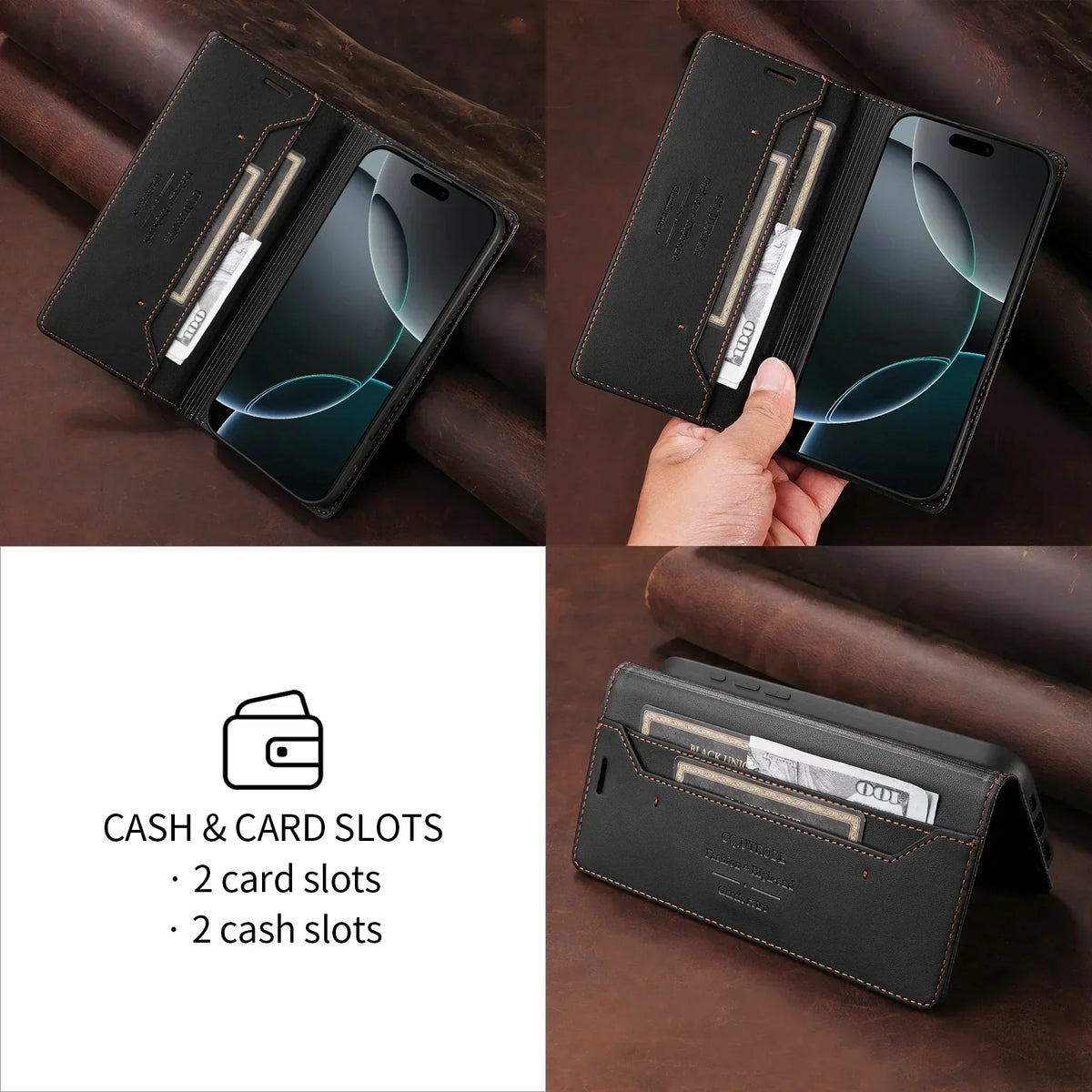 RFID Blocking Wallet Phone Case for iPhone 16 and 15 Series | Magnetic Flap with Card and Cash Slots | Built In Stand