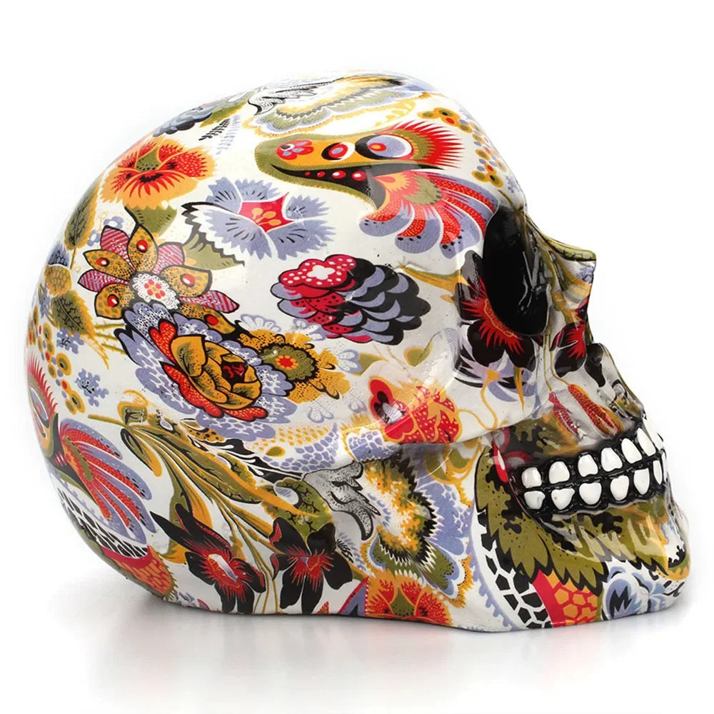 Multicolored painted skull ornament displayed on a shelf