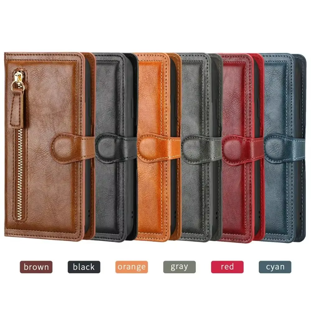 Faux Leather Wallet Phone Case for iPhone 11 to 16 Pro Max | Zip Pocket, Card Slots and Fold Out Stand | Five Colors