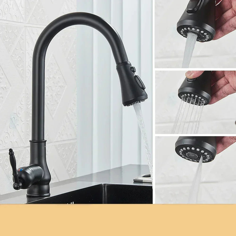 Pull Out Mixer Tap with Swivel Spout and Spray Hose | Antique Brass or Matte Black | Kitchen Sink Accessories, Retro Shape
