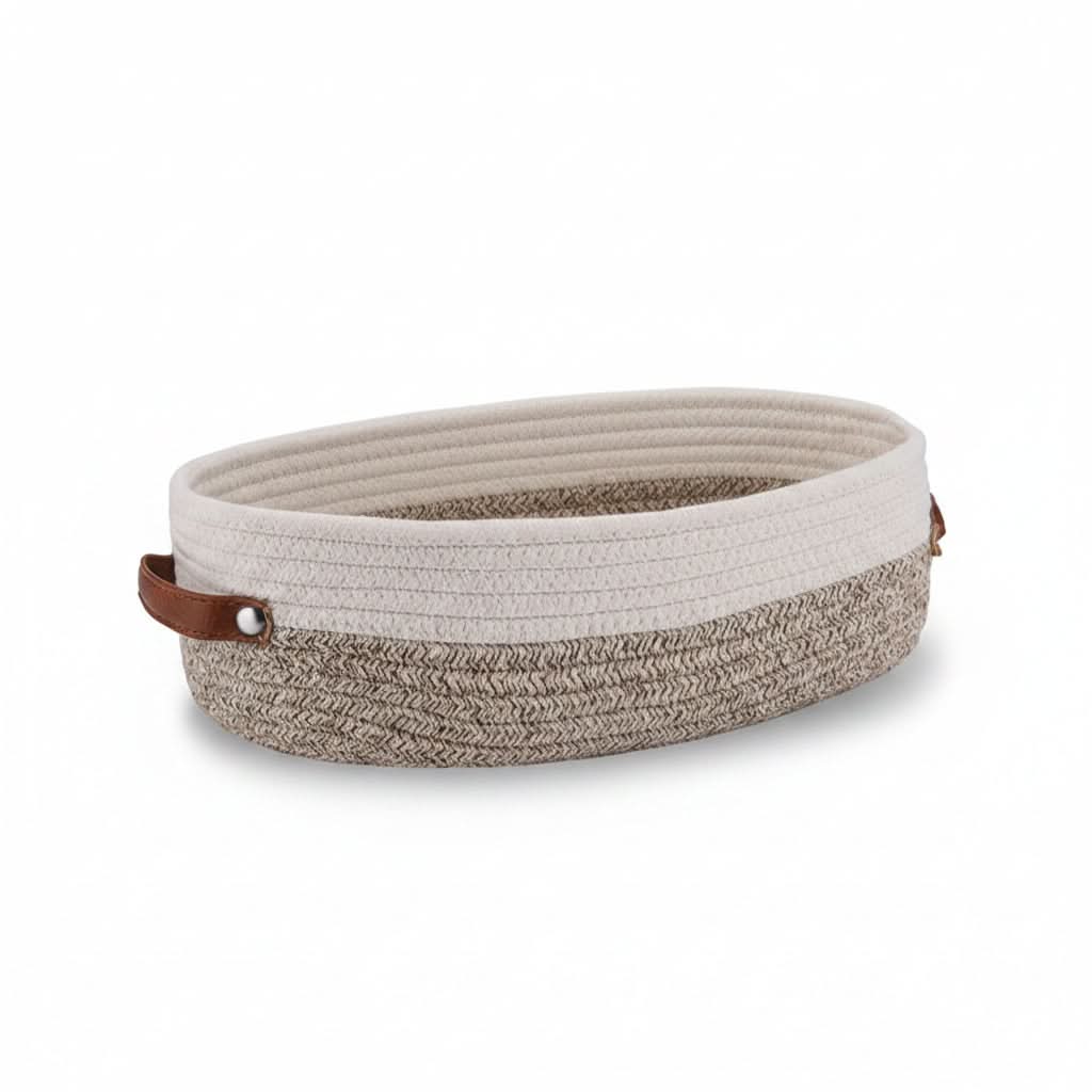 Oval Woven Storage Basket 4.7 x 13 x 3.9 In | Cotton Rope Weave | White, Blue, Khaki & Grey | Lightweight Bathroom Organizer