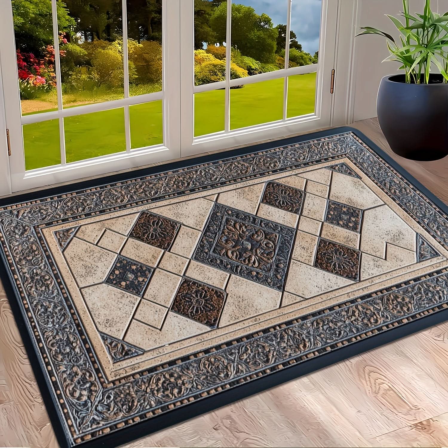 Machine Washable Geometric Border Entryway Mat | 3 Sizes 15.75-47.24 In | Non-Slip Door Mat for High-Traffic Areas