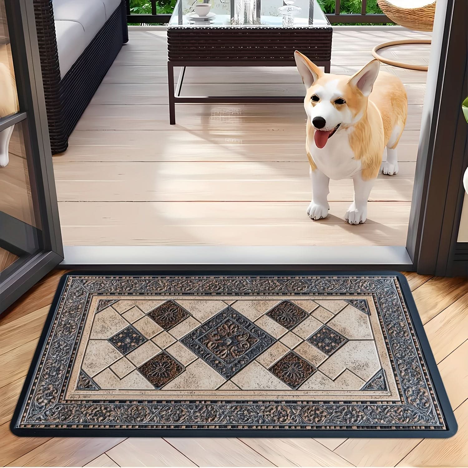 Machine Washable Geometric Border Entryway Mat | 3 Sizes 15.75-47.24 In | Non-Slip Door Mat for High-Traffic Areas