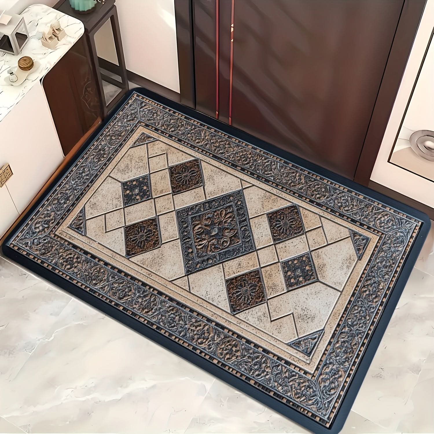 Machine Washable Geometric Border Entryway Mat | 3 Sizes 15.75-47.24 In | Non-Slip Door Mat for High-Traffic Areas