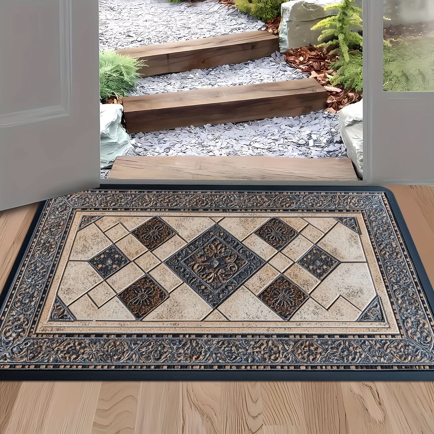Machine Washable Geometric Border Entryway Mat | 3 Sizes 15.75-47.24 In | Non-Slip Door Mat for High-Traffic Areas