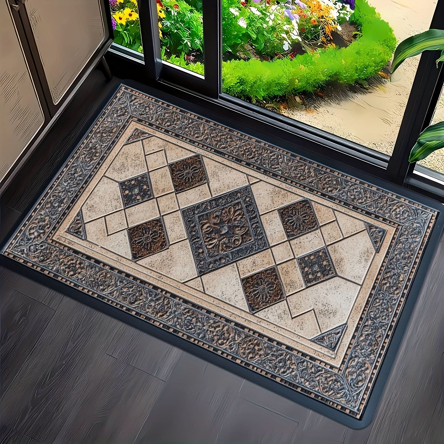 Machine Washable Geometric Border Entryway Mat | 3 Sizes 15.75-47.24 In | Non-Slip Door Mat for High-Traffic Areas
