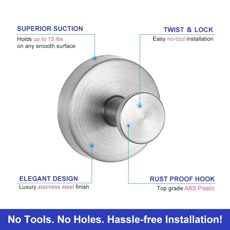 Suction Cup Hooks for Bathroom, Kitchen and Mirror | Twist-Lock Wall Hanger for Towels and Robes, No Drilling