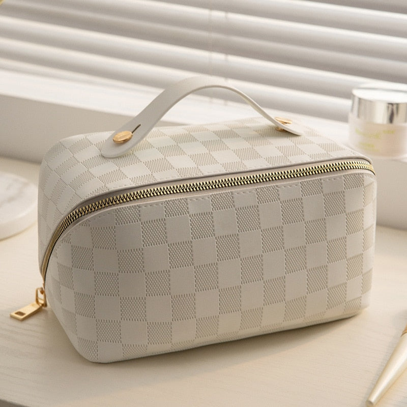 Checkered Travel Bags for Makeup with Carry Handle | Faux Leather Cosmetic Case with Several Compartments