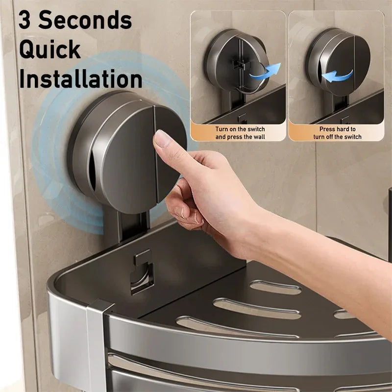 Suction Cup Shower Caddy in Aluminum, No Drilling Needed | Corner or Flat Wall Shelf for Shampoo and Soap | Four Shapes