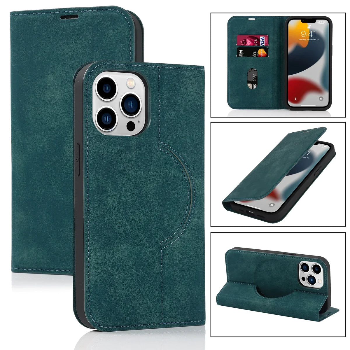 Wallet Phone Case for iPhone 12 to 15 | Two Card Slots and a SIM Pocket in PU Leather | MagSafe Compatible, Six Colors