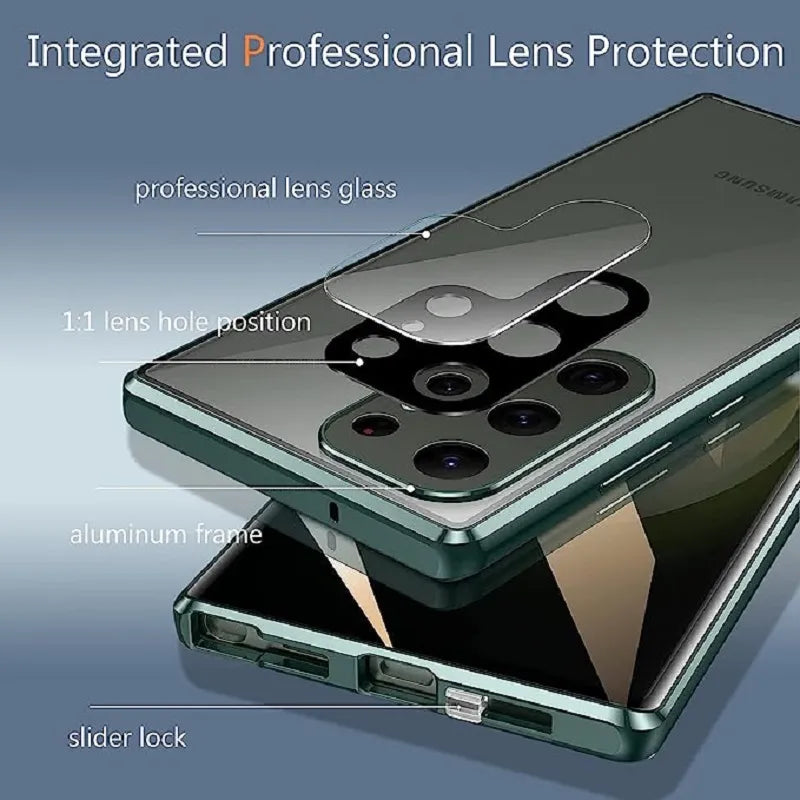 Phone Covers for Samsung Galaxy S23 and Newer | Double Sided Tempered Glass in an Aluminum Frame | Slider Lock, Wireless Charging