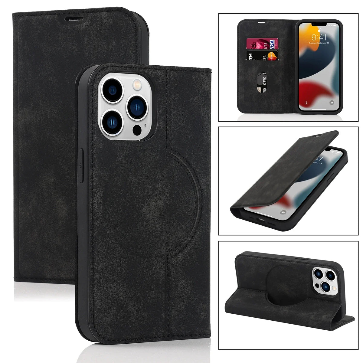 Wallet Phone Case for iPhone 12 to 15 | Two Card Slots and a SIM Pocket in PU Leather | MagSafe Compatible, Six Colors