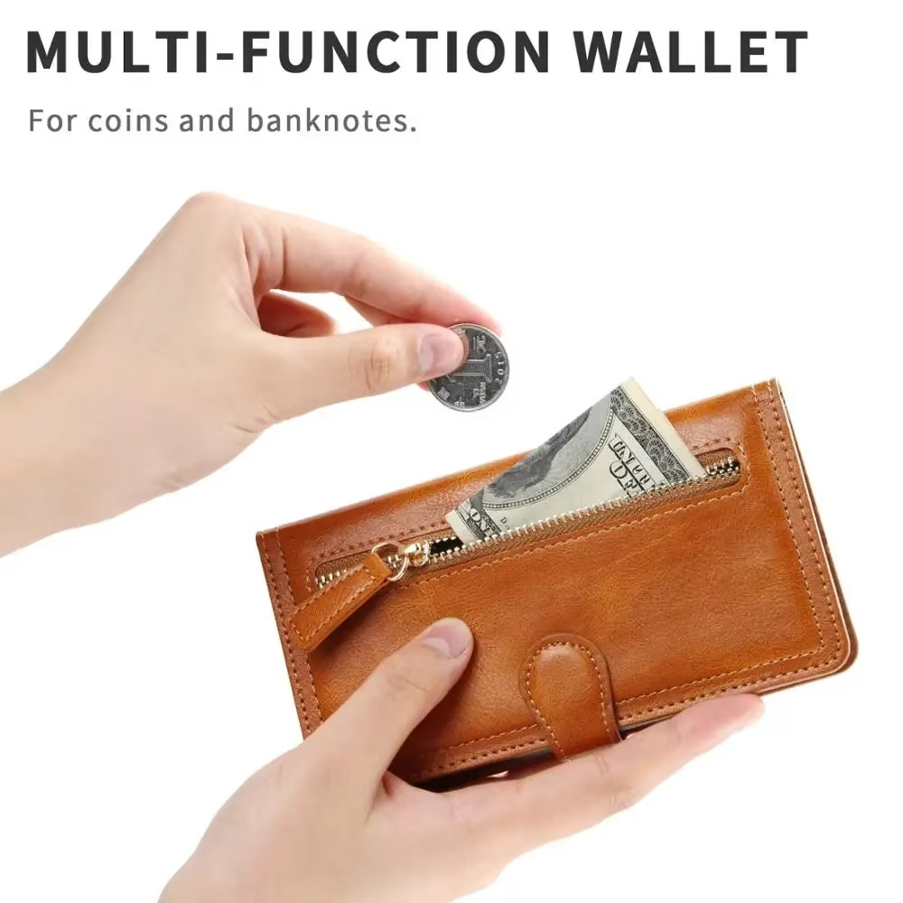 Faux Leather Wallet Phone Case for iPhone 11 to 16 Pro Max | Zip Pocket, Card Slots and Fold Out Stand | Five Colors