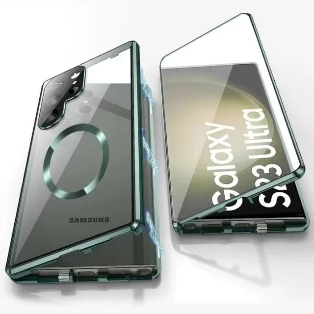 Phone Covers for Samsung Galaxy S23 and Newer | Double Sided Tempered Glass in an Aluminum Frame | Slider Lock, Wireless Charging