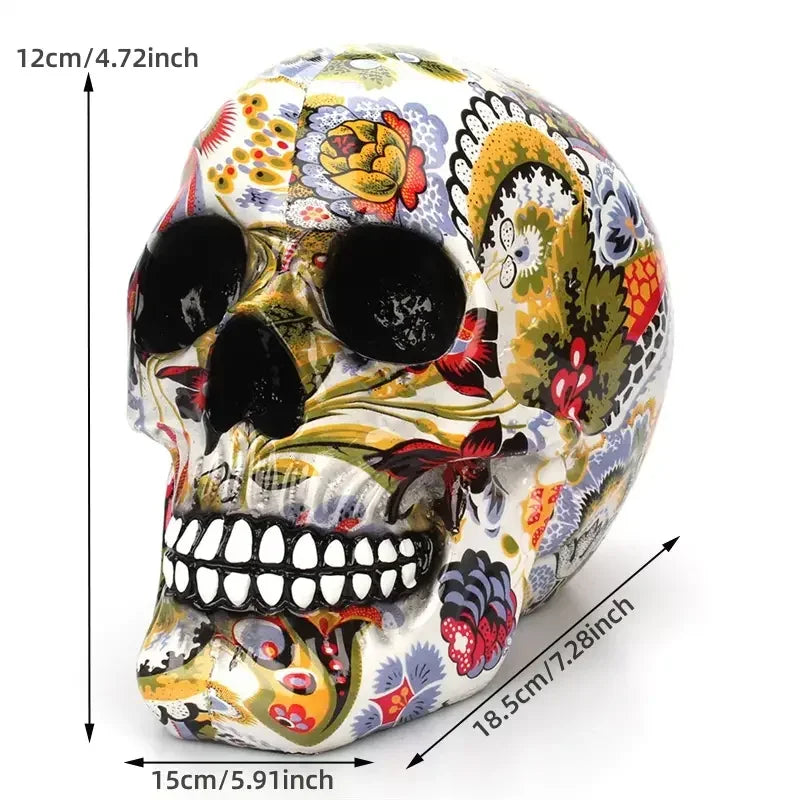 Rear view of the hand-painted Day of the Dead skull figurine