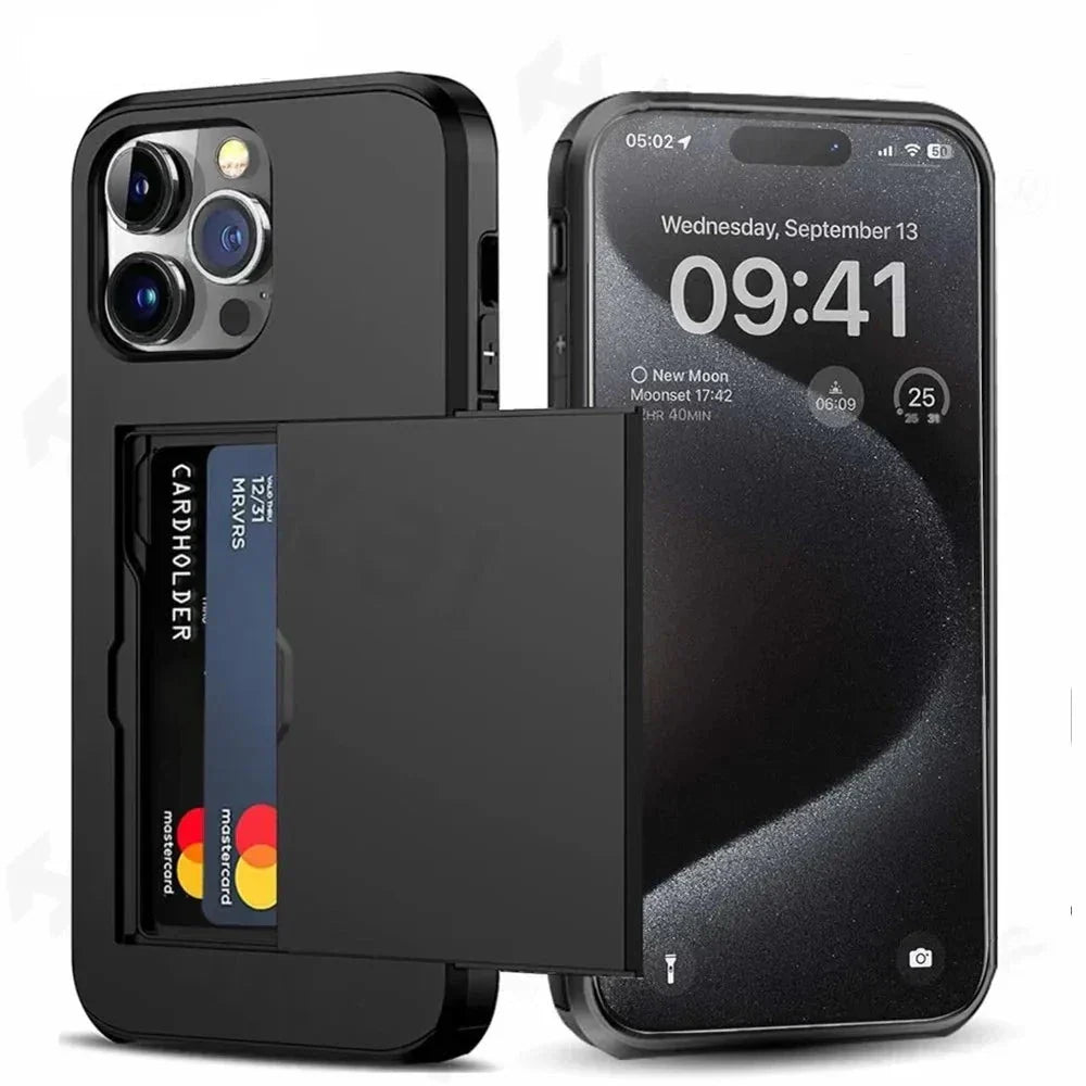 Slim Phone Case with Hidden Card Slot for iPhone 11 to 15 Pro Max | Shockproof TPU and Polycarbonate | 5 Colors