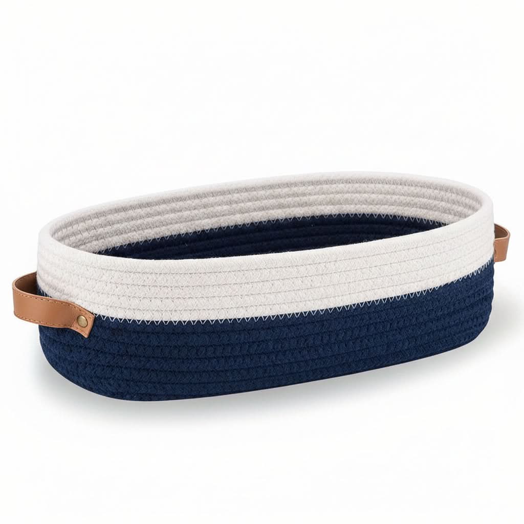 Oval Woven Storage Basket 4.7 x 13 x 3.9 In | Cotton Rope Weave | White, Blue, Khaki & Grey | Lightweight Bathroom Organizer