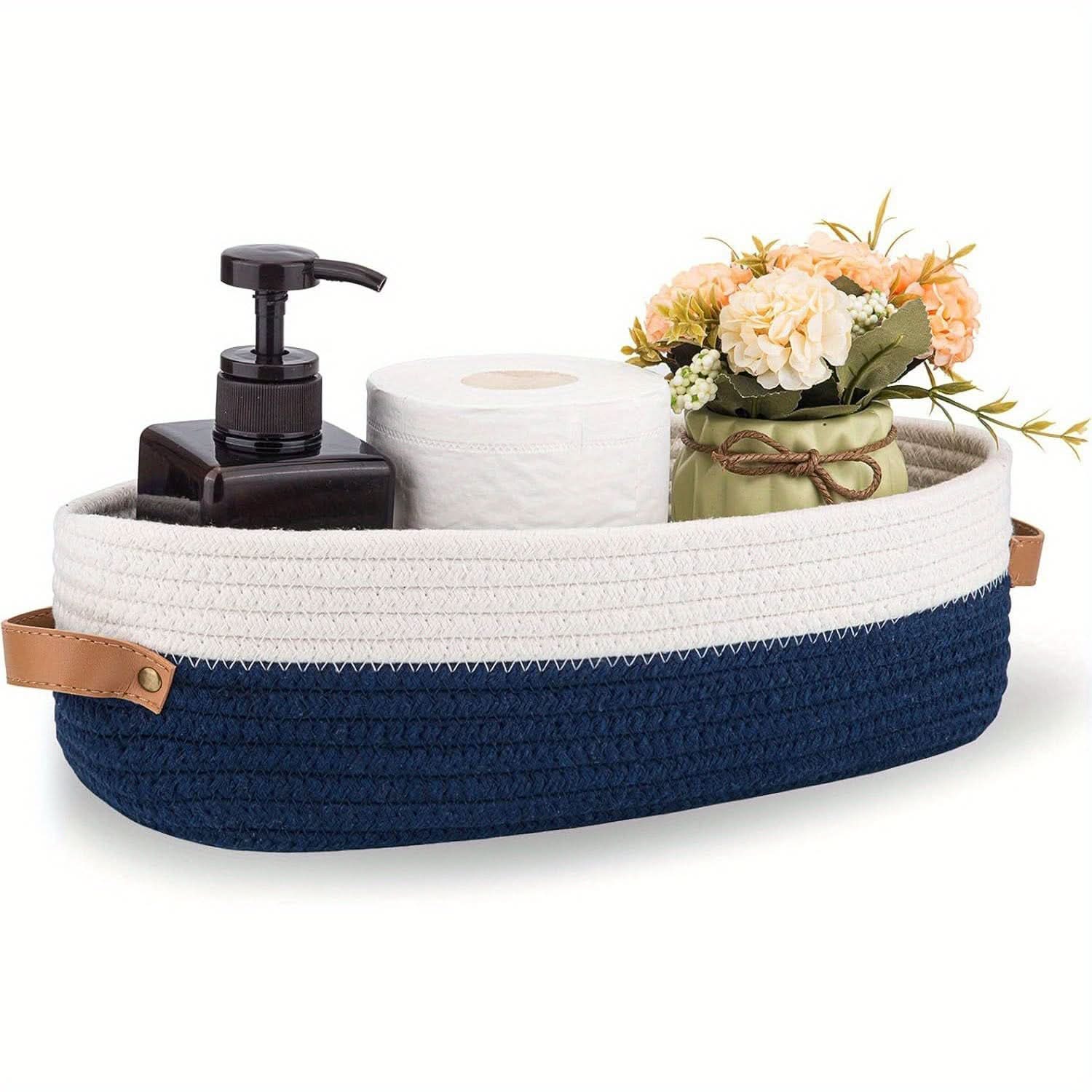 Oval Woven Storage Basket 4.7 x 13 x 3.9 In | Cotton Rope Weave | White, Blue, Khaki & Grey | Lightweight Bathroom Organizer