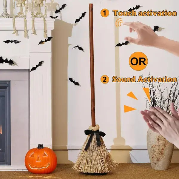 Witch broom prop gliding across a living room floor