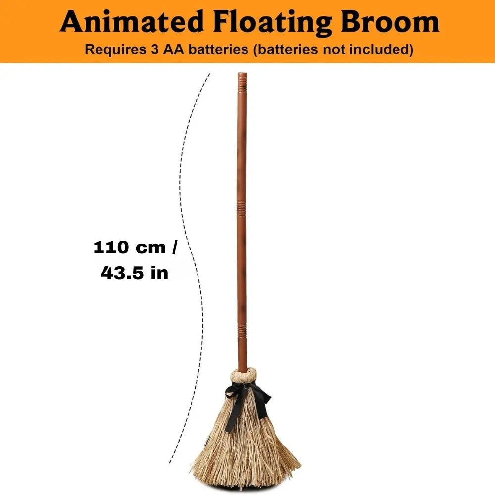 Floating witch broom used as a Halloween party decoration
