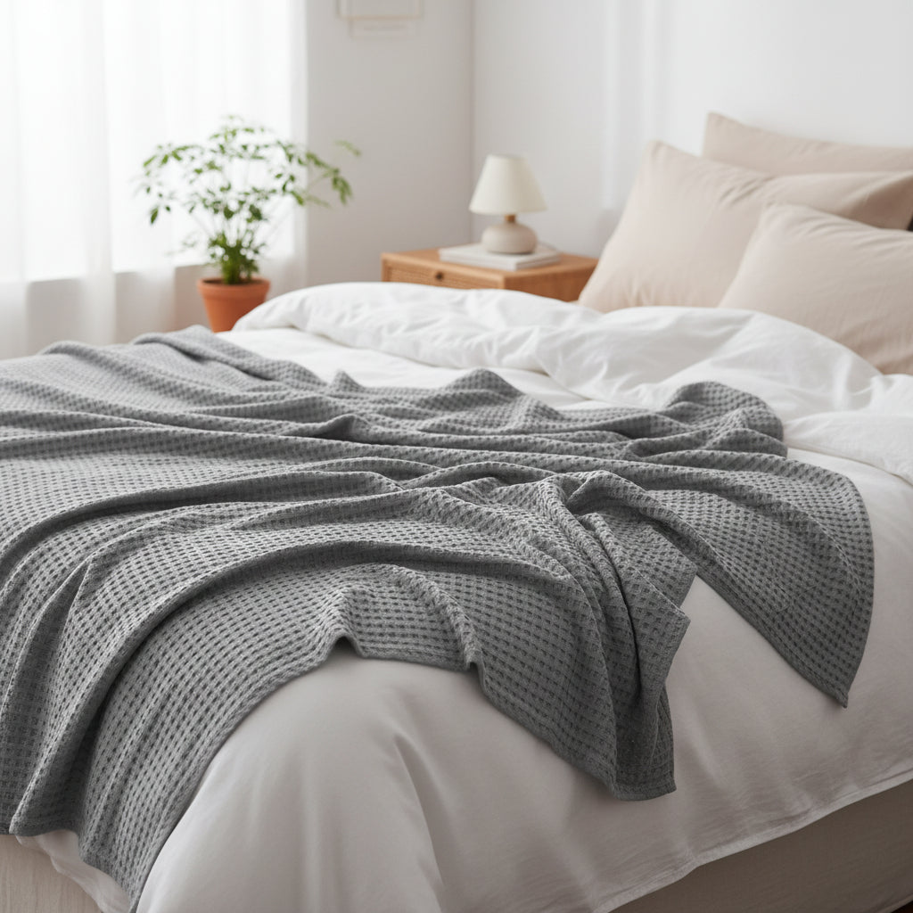Waffle Weave Throw Blanket 59x79 or 79x91 In | 6 Colors | Lightweight Breathable Year-Round Comfort for Bed & Sofa