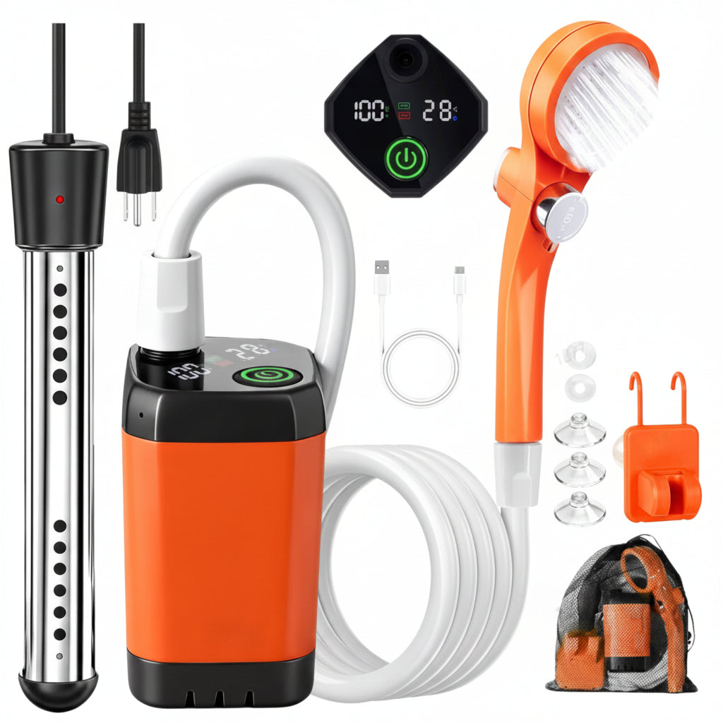 Portable Camping Shower Pump | Rechargeable 6000mAh, Pressure-Boost Head | Digital Display for Outdoor Showers