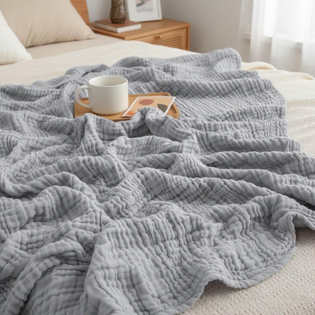 6-Layer Cotton Gauze Blanket 67 x 91 In | 5 Colors | Breathable All-Season Softness, Machine Washable for Bed & Sofa