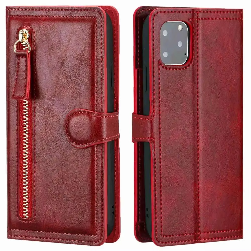 Faux Leather Wallet Phone Case for iPhone 11 to 16 Pro Max | Zip Pocket, Card Slots and Fold Out Stand | Five Colors