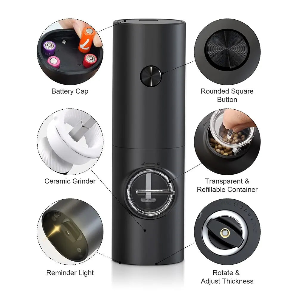 Electric Salt and Pepper Grinder Set with Holder and Brush | Adjustable Coarseness, Battery Powered | Kitchen Gadgets