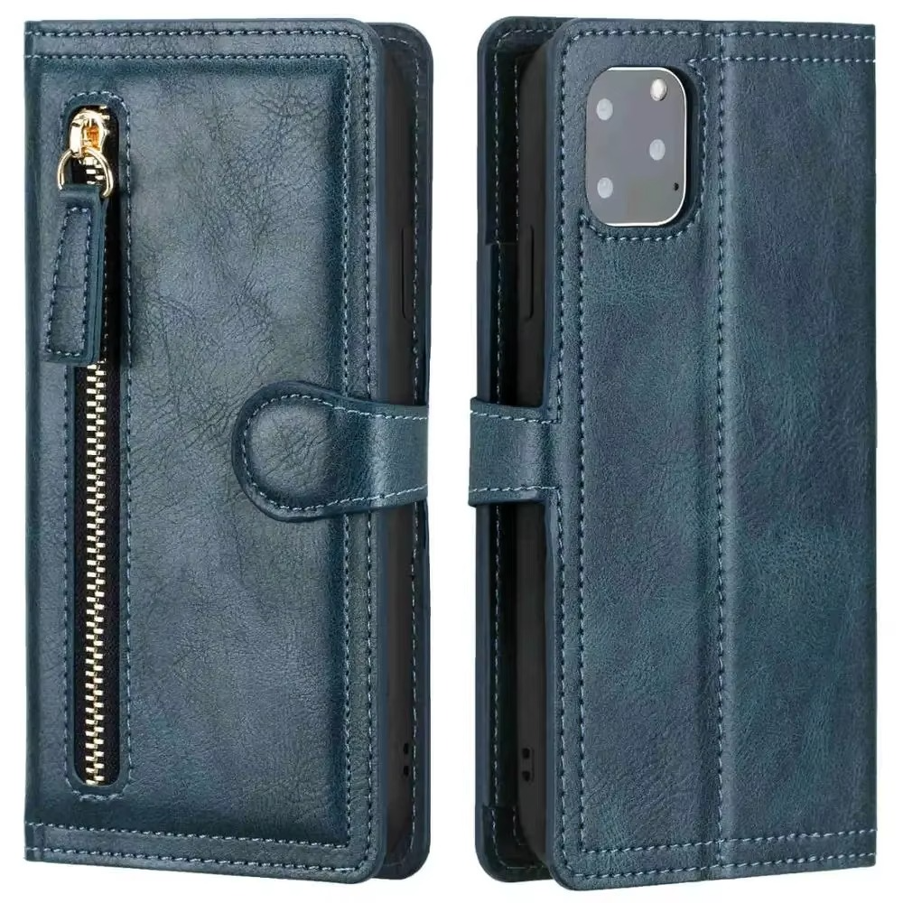 Faux Leather Wallet Phone Case for iPhone 11 to 16 Pro Max | Zip Pocket, Card Slots and Fold Out Stand | Five Colors