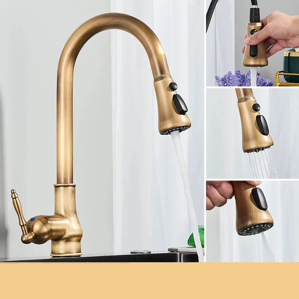 Pull Out Mixer Tap with Swivel Spout and Spray Hose | Antique Brass or Matte Black | Kitchen Sink Accessories, Retro Shape