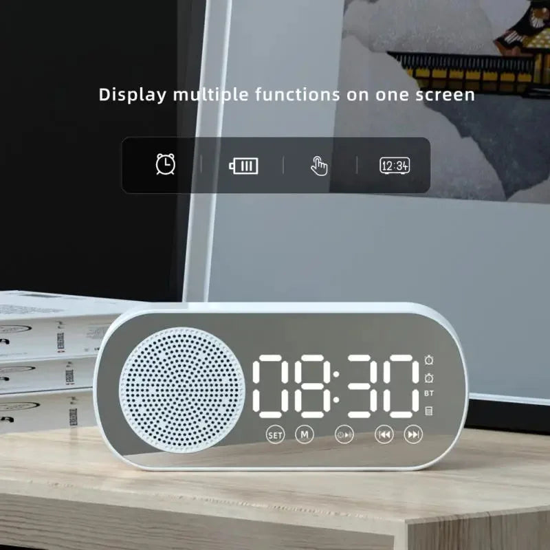 Digital Alarm Clock with Bluetooth Speaker and FM Radio | Mirror Front and a Large Time Display | Black, White or Pink