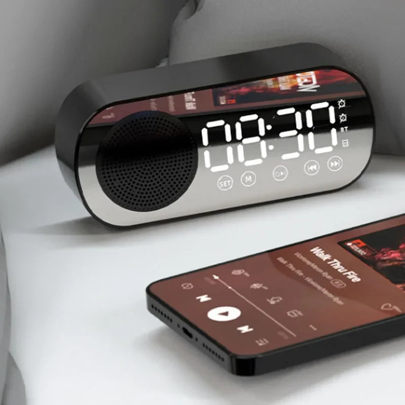 Digital Alarm Clock with Bluetooth Speaker and FM Radio | Mirror Front and a Large Time Display | Black, White or Pink