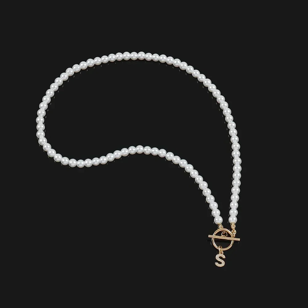 18 Karat Gold Plated Initial Necklace on a Pearl Strand | Zirconia Letter Charm with Toggle Clasp | 25 Letters