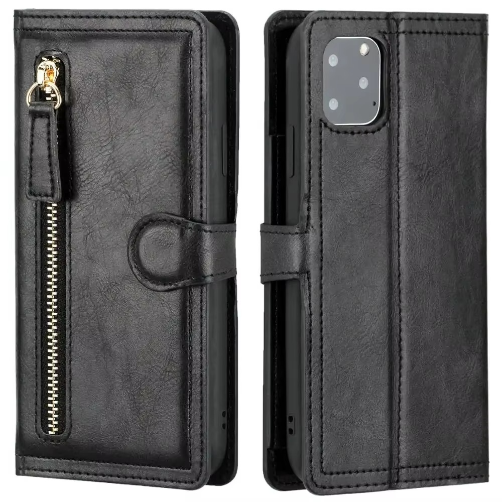 Faux Leather Wallet Phone Case for iPhone 11 to 16 Pro Max | Zip Pocket, Card Slots and Fold Out Stand | Five Colors