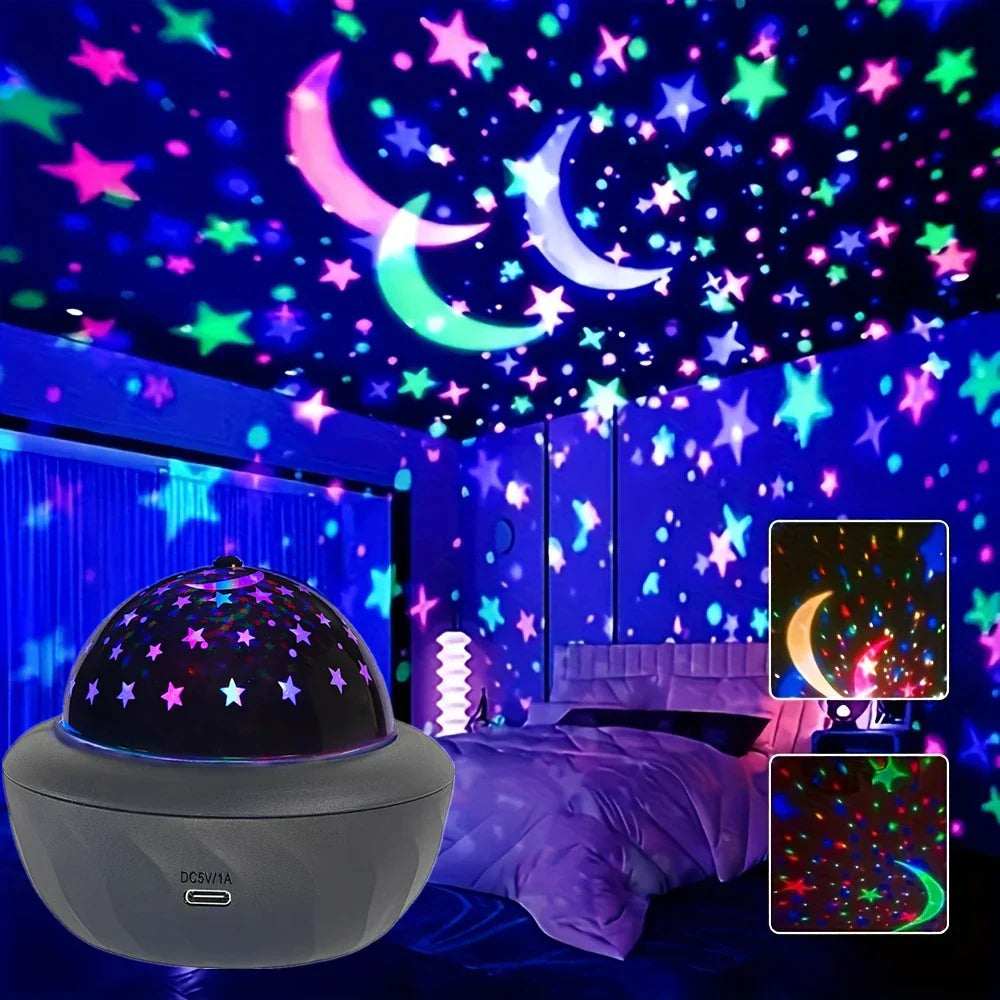 USB galaxy projection lamp shown on a nightstand