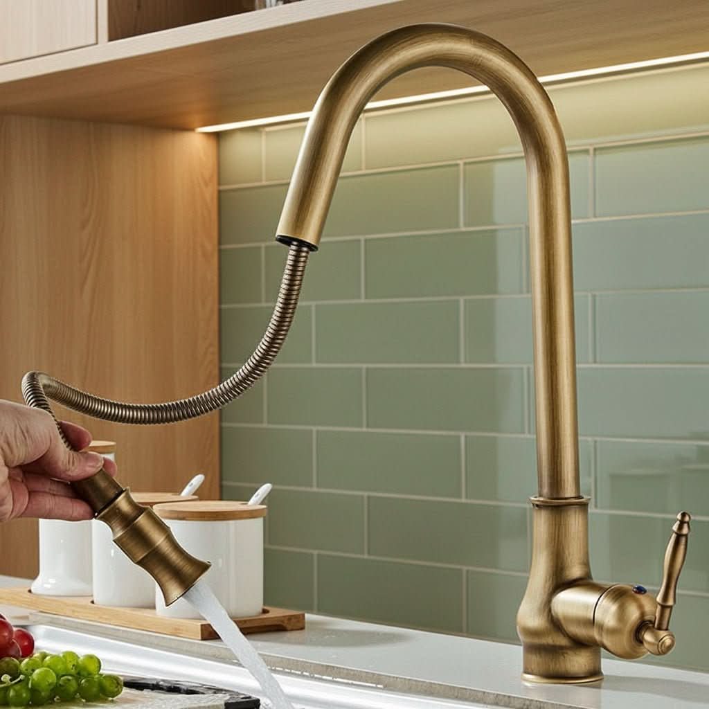 Pull-Out High-Arc Kitchen Faucet Antique Brass Design | Bronze or Black | Flexible Spray for Washing & Rinsing