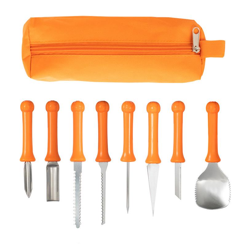 Pumpkin carving tools laid out with stainless steel blades