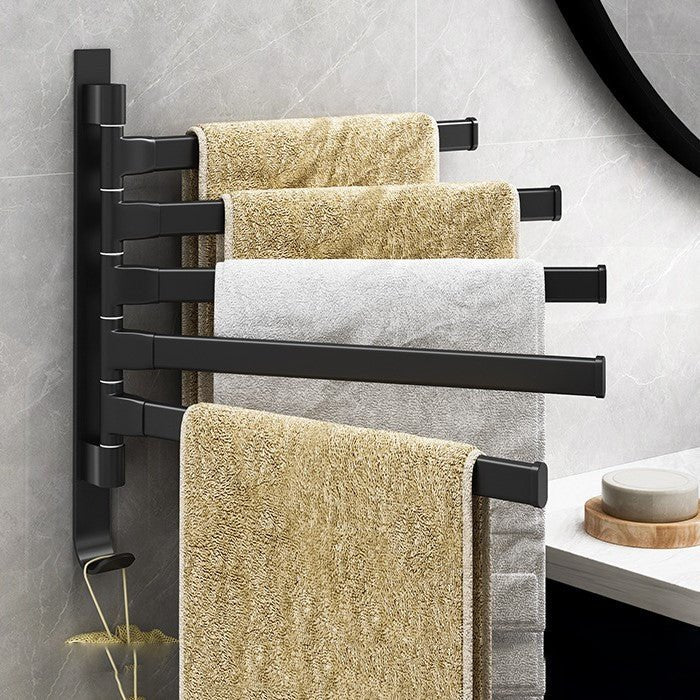 BATHSWING – Matte black towel holder with 5 swivel arms for compact bathroom storage