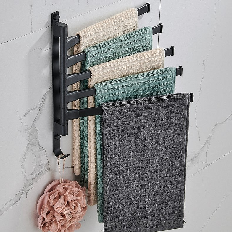 BATHSWING – Matte black towel holder with 5 swivel arms for compact bathroom storage