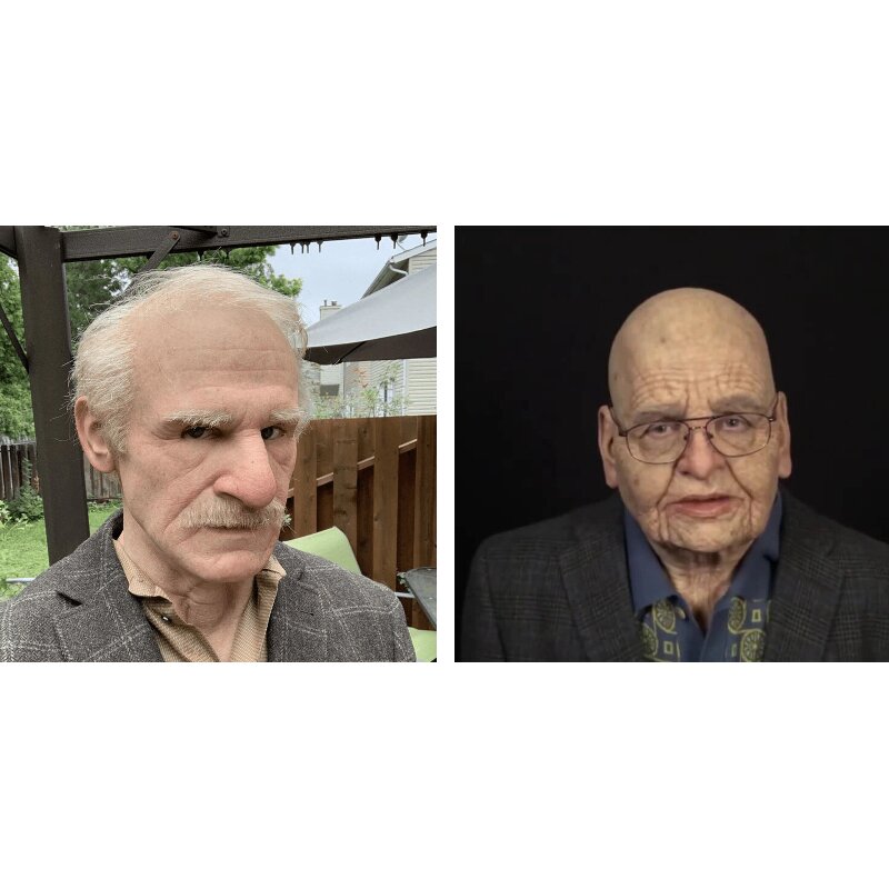 Old man cosplay mask shown from the back of the head