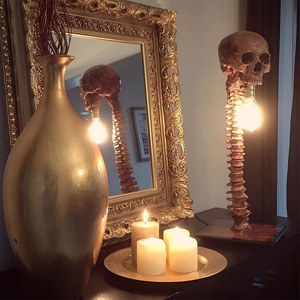 Close view of the resin skull with scattered bones at the base
