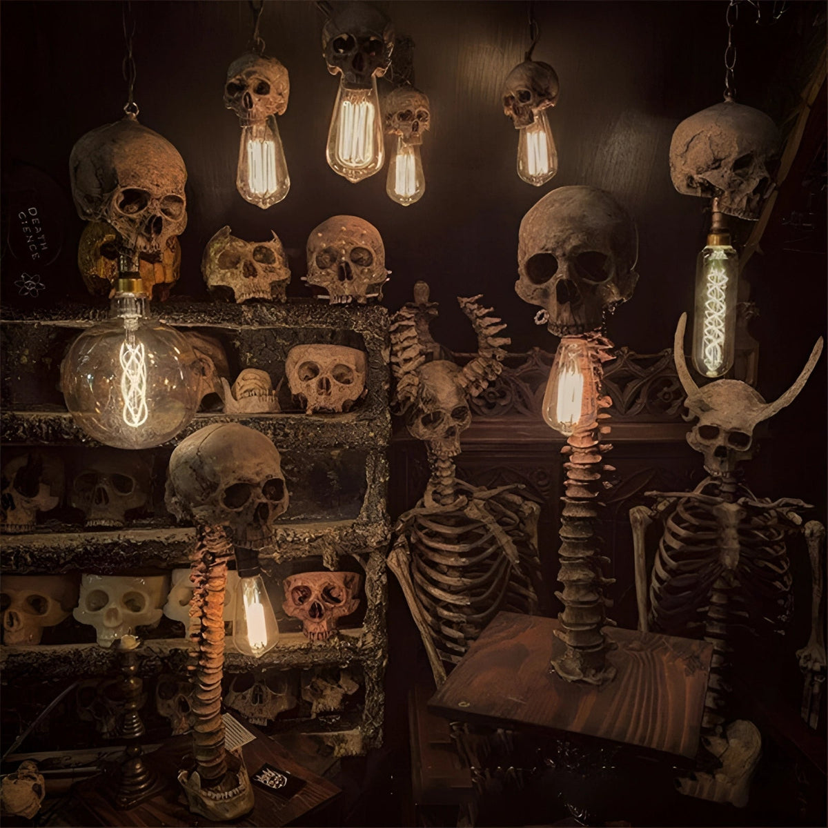 Side profile of the resin spine and skull lamp sculpture