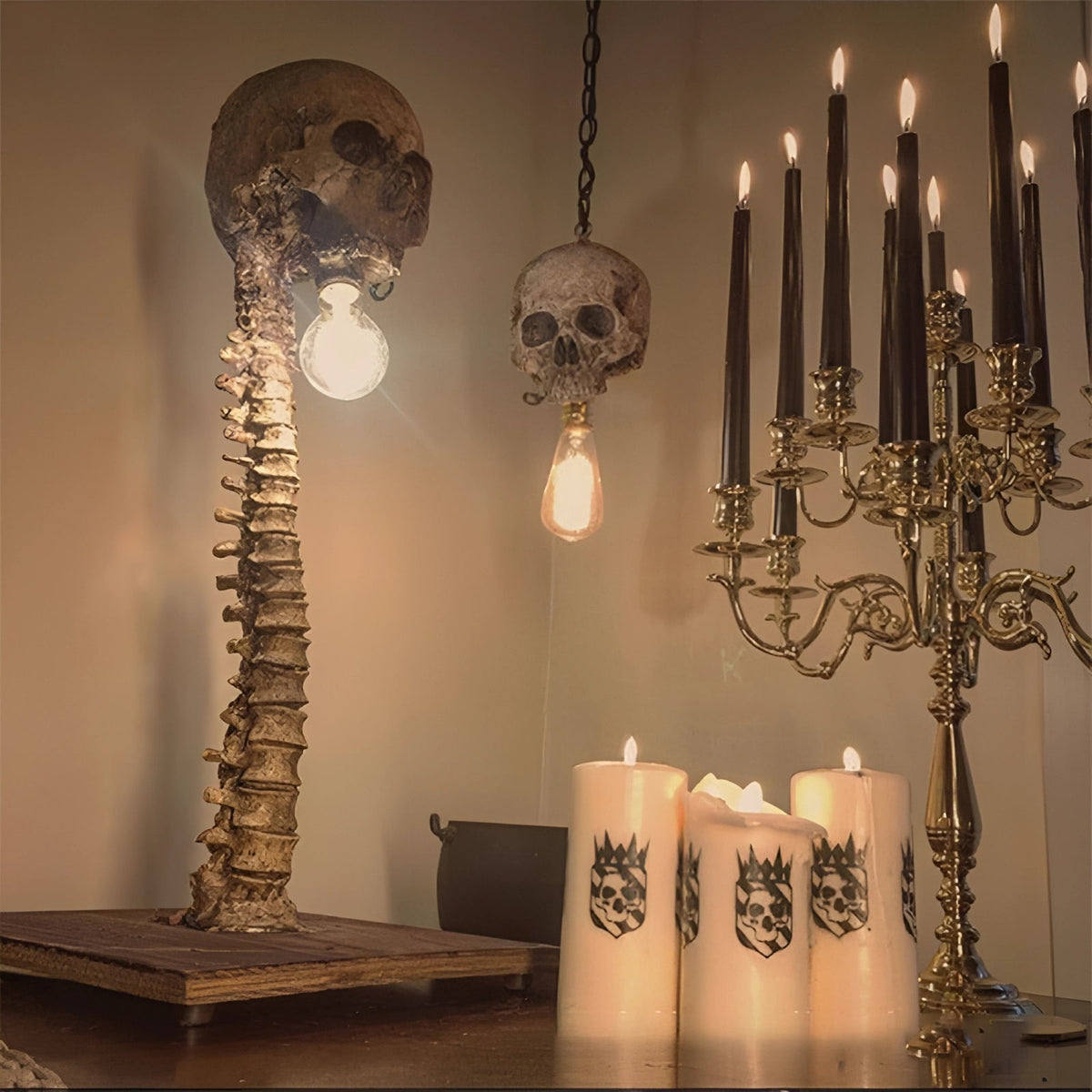 Resin skull and spine lamp with glowing LED eye sockets