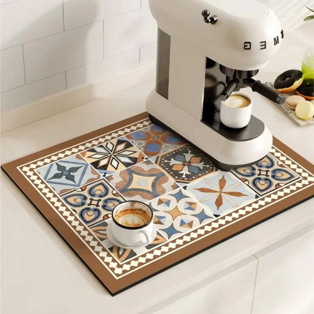 Retro Absorbent Coffee Bar Mat with Non-Slip Rubber Base | 14 Patterns, 2 Sizes | Quick-Dry Spill Control for Counters