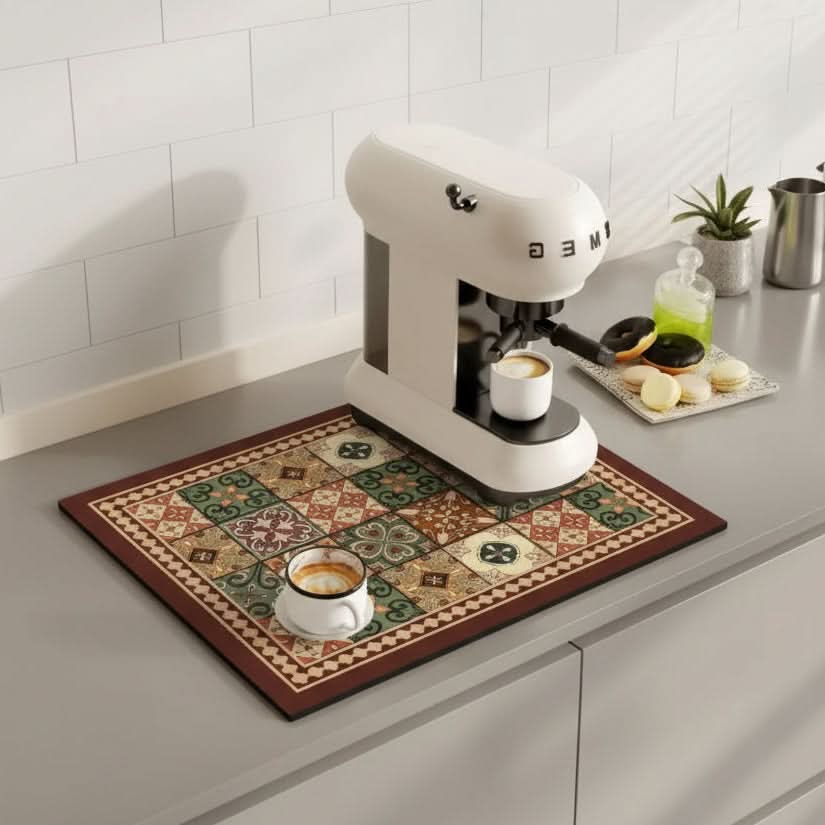 Retro Absorbent Coffee Bar Mat with Non-Slip Rubber Base | 14 Patterns, 2 Sizes | Quick-Dry Spill Control for Counters