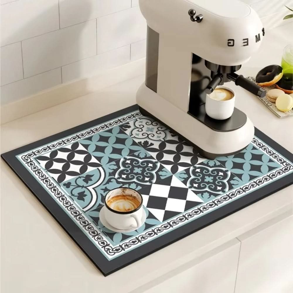 Retro Absorbent Coffee Bar Mat with Non-Slip Rubber Base | 14 Patterns, 2 Sizes | Quick-Dry Spill Control for Counters